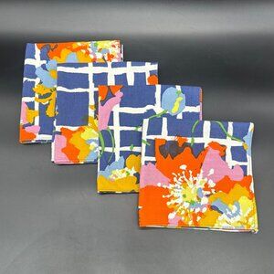 Vintage Napkins Bold Floral Handmade Blue White Grid Orange Pink Set of 4